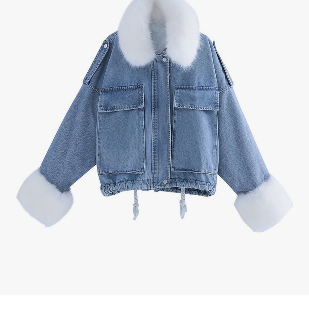 Amazon Blue Denim Jacket with White Fur Accents